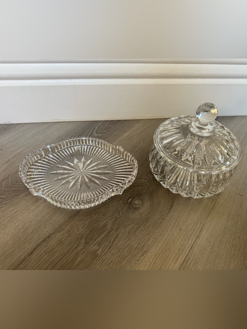 Clear Cut Glass Candy Dish with Lid and Trinket Dish Tray